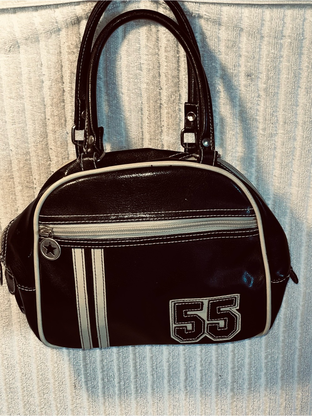 Y2K Black Faux Leather Bowling Style Handbag Purse White Piping Patch 55
